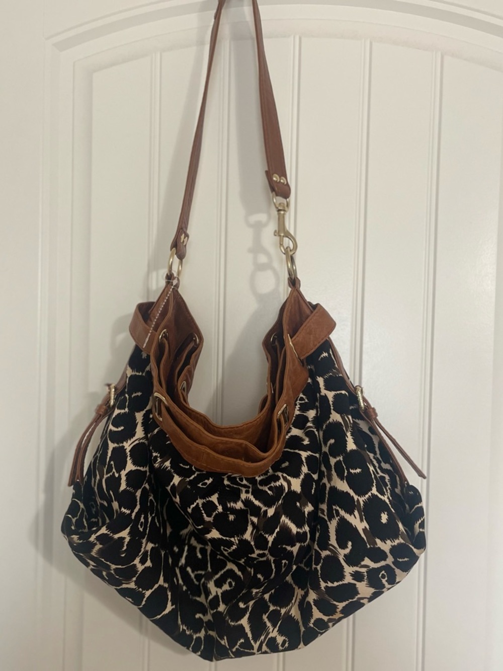 Gianni Bini Devin cheetah print leather trim slouchy oversized shoulder bag